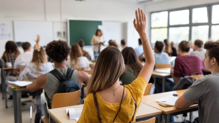 Students in a classroom with one raising hand while the teacher is in front of the chalkboard Students in a classroom with one raising hand while the teacher is in front of the chalkboard